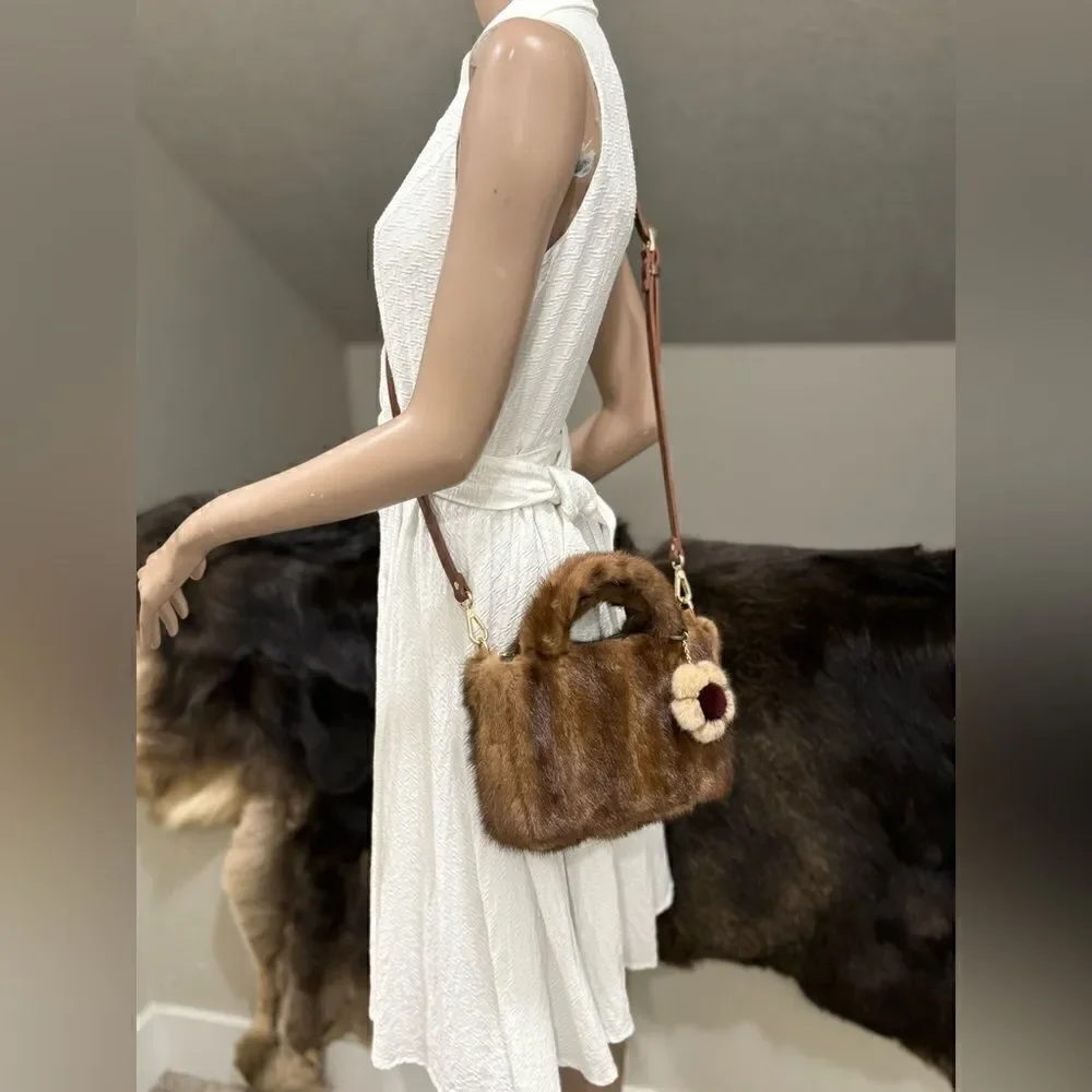 Handmade Real Muskrat Fur Top Handles Satchel With Mink Fur Flower Bag Charm